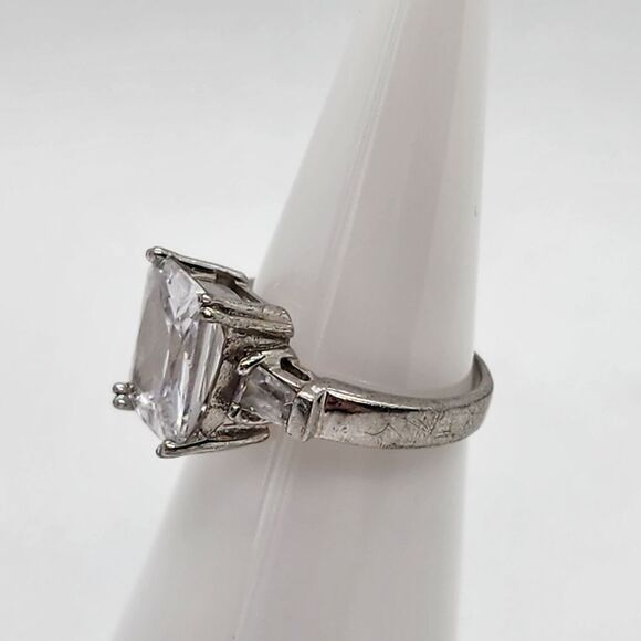 Sterling Silver & Clear Emerald Cut Cubic Zirconia Ring (4.75) - Picture 3 of 7
